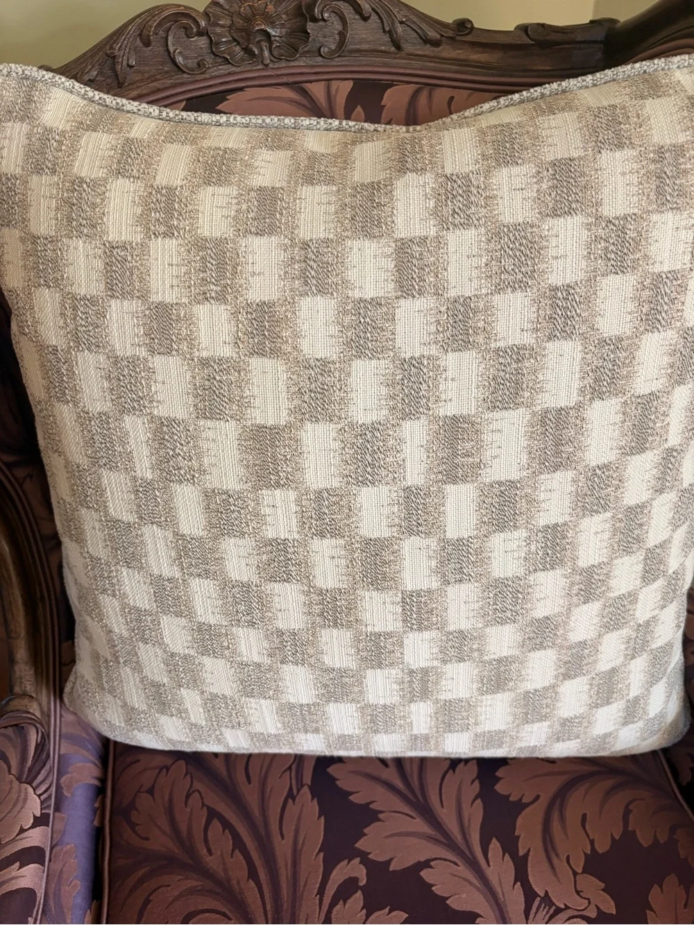 Beige Patterned Square Throw Pillow - Neutral Check Design 1 for $49